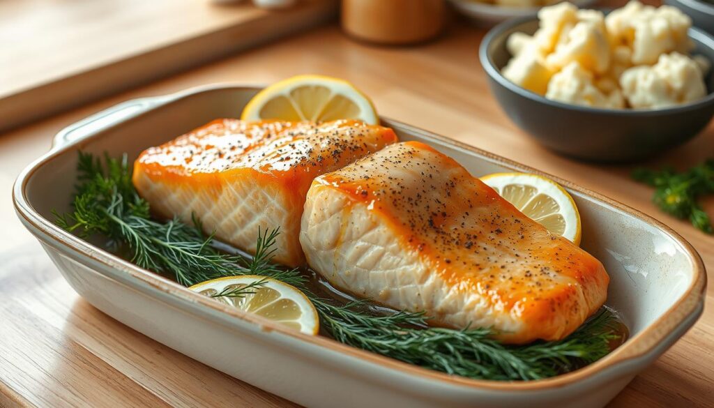 A baked salmon fillet resting on a ceramic dish, glistening with a light honey glaze. The salmon is surrounded by a bed of fresh dill sprigs, lemon slices, and a sprinkle of cracked black pepper. In the background, a wooden kitchen counter is illuminated by soft, natural lighting, casting a warm glow on the scene. The overall composition is clean, simple, and focused on highlighting the beauty of the perfectly cooked salmon, ready to be served alongside a side of creamy, garlic-infused mashed cauliflower. A baked salmon fillet resting on a ceramic dish, glistening with a light honey glaze. The salmon is surrounded by a bed of fresh dill sprigs, lemon slices, and a sprinkle of cracked black pepper. In the background, a wooden kitchen counter is illuminated by soft, natural lighting, casting a warm glow on the scene. The overall composition is clean, simple, and focused on highlighting the beauty of the perfectly cooked salmon, ready to be served alongside a side of creamy, garlic-infused mashed cauliflower.