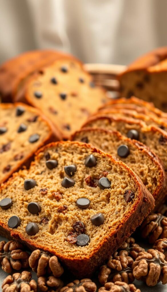 A basket of homemade banana bread variations, showcasing a range of creative flavors. In the foreground, thick slices of banana bread are arranged, studded with glistening chocolate chips and speckled with warm spices like cinnamon and nutmeg. The middle ground features a scattering of whole walnuts, their rich hues complementing the golden-brown loaves. The background is softly lit, creating a cozy, inviting atmosphere, as if these delectable treats have just emerged from a well-worn oven. The overall scene evokes the comforting aroma of freshly baked banana bread, inviting the viewer to imagine the perfect accompaniment to a leisurely weekend morning.