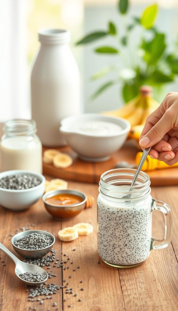 A beautiful, fresh, and vibrant image of a step-by-step chia pudding recipe preparation. The foreground shows a wooden tabletop with all the necessary ingredients - chia seeds, almond milk, banana slices, honey, and a mason jar with the completed pudding. The middle ground features the preparation process, with a hand carefully stirring the mixture in a bowl, and a spoon dipping into the jar to scoop out a portion. The background is softly blurred, creating a serene, natural atmosphere, with hints of greenery and natural light filtering in. The lighting is warm and inviting, highlighting the creamy texture of the pudding and the vibrant colors of the ingredients. The overall composition is clean, minimalist, and visually appealing, drawing the viewer's attention to the delicious and nutritious chia pudding recipe.