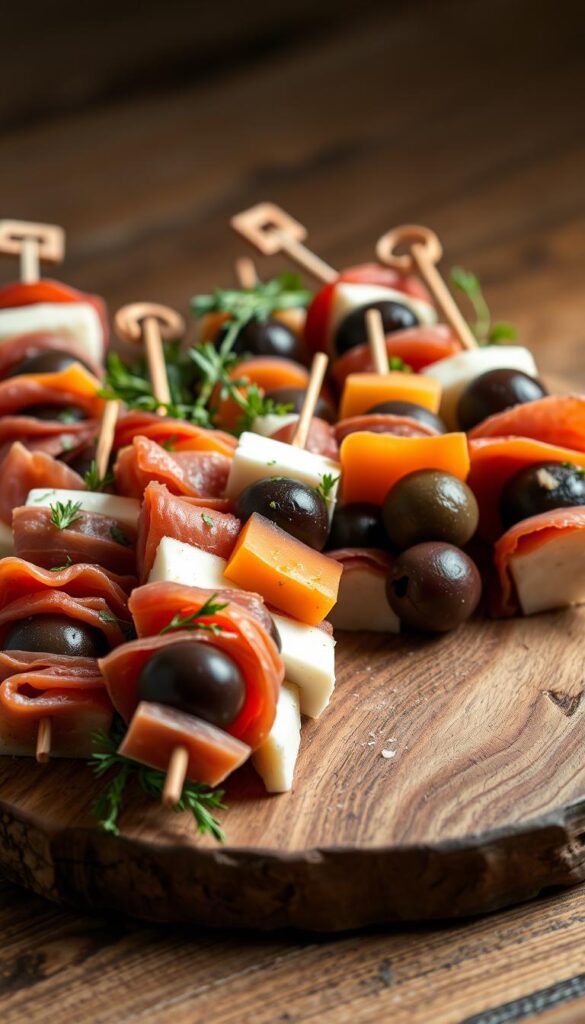 A beautifully arranged display of charcuterie skewers, each one a delightful composition of cured meats, cheeses, olives, and fresh herbs. The skewers are presented on a rustic wooden board, the natural grain and texture providing a warm, earthy backdrop. Soft, directional lighting casts gentle shadows, highlighting the vibrant colors and textures of the ingredients. The skewers are positioned in an inviting, asymmetrical layout, drawing the eye across the scene. The overall mood is one of artful simplicity, showcasing the craftsmanship and care taken in the presentation of this appetizing spread. A beautifully arranged display of charcuterie skewers, each one a delightful composition of cured meats, cheeses, olives, and fresh herbs. The skewers are presented on a rustic wooden board, the natural grain and texture providing a warm, earthy backdrop. Soft, directional lighting casts gentle shadows, highlighting the vibrant colors and textures of the ingredients. The skewers are positioned in an inviting, asymmetrical layout, drawing the eye across the scene. The overall mood is one of artful simplicity, showcasing the craftsmanship and care taken in the presentation of this appetizing spread.