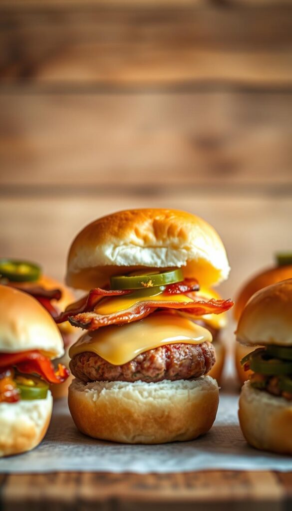 A beautifully lit close-up of an assortment of slider variations, showcasing different toppings and fillings against a soft, blurred background. In the foreground, a selection of small, fluffy buns topped with melted cheese, crispy bacon, pickled jalapeños, and caramelized onions. In the middle ground, a slider with a juicy, spicy jalapeño-infused ham patty, nestled between a lightly toasted bun. The background features a subtle texture of wooden planks, hinting at a rustic, artisanal presentation. The lighting is warm and inviting, creating a mouthwatering and appetizing atmosphere.