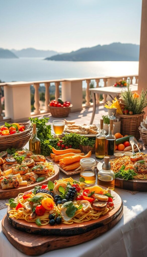 A beautifully lit, high-resolution image of a bountiful Mediterranean-inspired spread of fresh, vibrant dishes. In the foreground, an array of colorful salads, pastas, and grilled seafood arranged artfully on rustic wooden platters. In the middle ground, a selection of fresh herbs, olive oil, and vibrant vegetables spilling out of woven baskets. The background features a warm, sun-dappled terrace overlooking a picturesque Mediterranean landscape, with mountains and the deep blue sea in the distance. The overall mood is one of health, abundance, and the joyful celebration of the Mediterranean lifestyle. A beautifully lit, high-resolution image of a bountiful Mediterranean-inspired spread of fresh, vibrant dishes. In the foreground, an array of colorful salads, pastas, and grilled seafood arranged artfully on rustic wooden platters. In the middle ground, a selection of fresh herbs, olive oil, and vibrant vegetables spilling out of woven baskets. The background features a warm, sun-dappled terrace overlooking a picturesque Mediterranean landscape, with mountains and the deep blue sea in the distance. The overall mood is one of health, abundance, and the joyful celebration of the Mediterranean lifestyle.