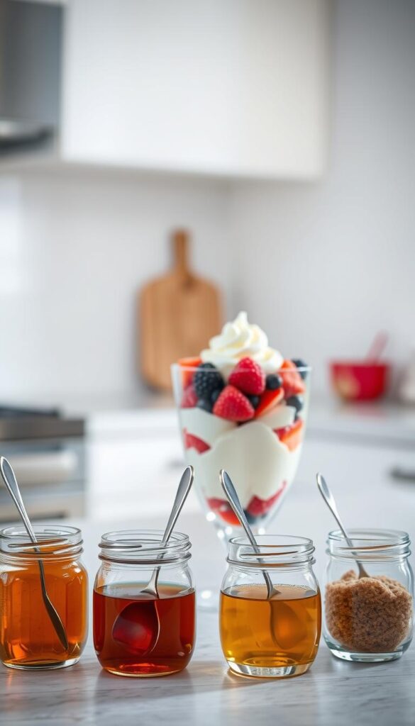 A beautifully lit parfait stand showcases an array of tempting sweetener options. In the foreground, an assortment of glass jars contain honey, maple syrup, agave, and brown sugar, each with a delicate spoon for easy drizzling. The middle ground features a pristine white parfait, its layers of creamy Greek yogurt and fresh berries waiting to be customized. Soft, natural lighting from above casts a warm glow, highlighting the vibrant colors and textures. The background is a minimalist kitchen counter, allowing the parfait and its accompaniments to be the central focus. The overall scene evokes a sense of simple elegance and the pleasures of personalized, healthful indulgence. A beautifully lit parfait stand showcases an array of tempting sweetener options. In the foreground, an assortment of glass jars contain honey, maple syrup, agave, and brown sugar, each with a delicate spoon for easy drizzling. The middle ground features a pristine white parfait, its layers of creamy Greek yogurt and fresh berries waiting to be customized. Soft, natural lighting from above casts a warm glow, highlighting the vibrant colors and textures. The background is a minimalist kitchen counter, allowing the parfait and its accompaniments to be the central focus. The overall scene evokes a sense of simple elegance and the pleasures of personalized, healthful indulgence.
