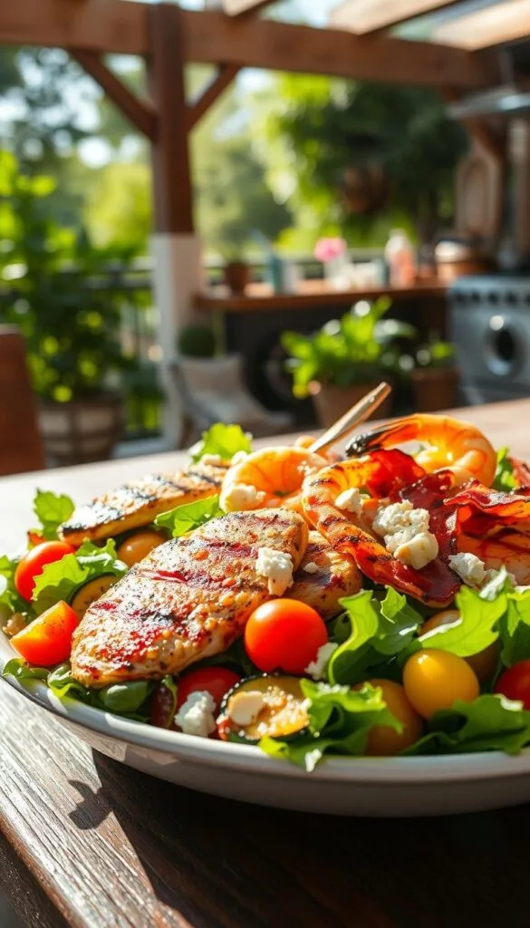 A beautifully lit summer scene, showcasing a vibrant grilled salad with an array of fresh, colorful ingredients. In the foreground, seared chicken breasts, juicy shrimp, and crisp bacon strips sizzle atop a bed of mixed greens, cherry tomatoes, grilled zucchini, and roasted bell peppers. The salad is dressed in a tangy citrus vinaigrette, with a sprinkle of feta cheese and toasted almonds for added texture. In the background, a sunlit patio or outdoor kitchen setting, with lush greenery and a rustic wooden table, creates a warm, inviting atmosphere. The lighting is natural and soft, accentuating the vibrant colors and textures of the salad. The overall composition is balanced and visually appealing, capturing the essence of a flavorful, protein-rich summer salad.