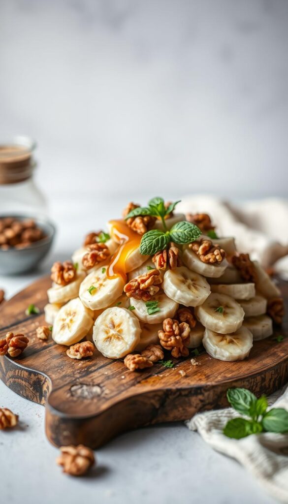 A beautifully styled presentation of a healthy banana and walnut salad, captured in natural light with a soft, diffused focus. The salad is artfully arranged on a rustic wooden board, showcasing the vibrant colors and textures of the ingredients. Carefully placed walnuts, a drizzle of honey, and a sprinkling of chopped mint leaves create a visually appealing and appetizing display. The background is slightly blurred, allowing the salad to be the focal point, while a clean, minimalist setting emphasizes the simplicity and freshness of the dish. The overall mood is one of calm, natural elegance, inviting the viewer to savor the delightful flavors and healthful properties of this nourishing snack. A beautifully styled presentation of a healthy banana and walnut salad, captured in natural light with a soft, diffused focus. The salad is artfully arranged on a rustic wooden board, showcasing the vibrant colors and textures of the ingredients. Carefully placed walnuts, a drizzle of honey, and a sprinkling of chopped mint leaves create a visually appealing and appetizing display. The background is slightly blurred, allowing the salad to be the focal point, while a clean, minimalist setting emphasizes the simplicity and freshness of the dish. The overall mood is one of calm, natural elegance, inviting the viewer to savor the delightful flavors and healthful properties of this nourishing snack.