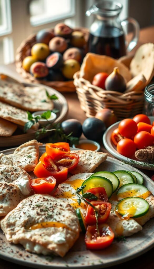 A bountiful Mediterranean breakfast spread, captured in a warm, natural light. In the foreground, a selection of flaky spanakopita, fresh feta, juicy tomatoes, and crisp cucumber slices. In the middle ground, a platter of fragrant pita bread, alongside a drizzling of golden honey and a sprinkle of aromatic oregano. The background features a rustic woven basket filled with ripe, colorful figs and a carafe of rich, robust coffee. The overall scene evokes a sense of simplicity, vibrant flavors, and the inviting ambiance of a Mediterranean morning.