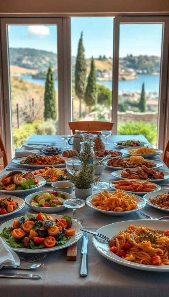 A bountiful Mediterranean dinner table, flooded with natural light from large windows overlooking the sea. In the foreground, a vibrant spread of dishes - fresh salad, grilled seafood, roasted vegetables, and hearty pasta. Textured place settings, rustic wooden accents, and a simple yet elegant centerpiece of herbs and olive branches set the mood. The middle ground features a few simple cooking tools and ingredients, hinting at the ease of preparation. In the background, a serene coastal scene with rolling hills, cypress trees, and a glimpse of a quaint seaside village. The overall atmosphere is one of simple, healthy, and delicious Mediterranean living.