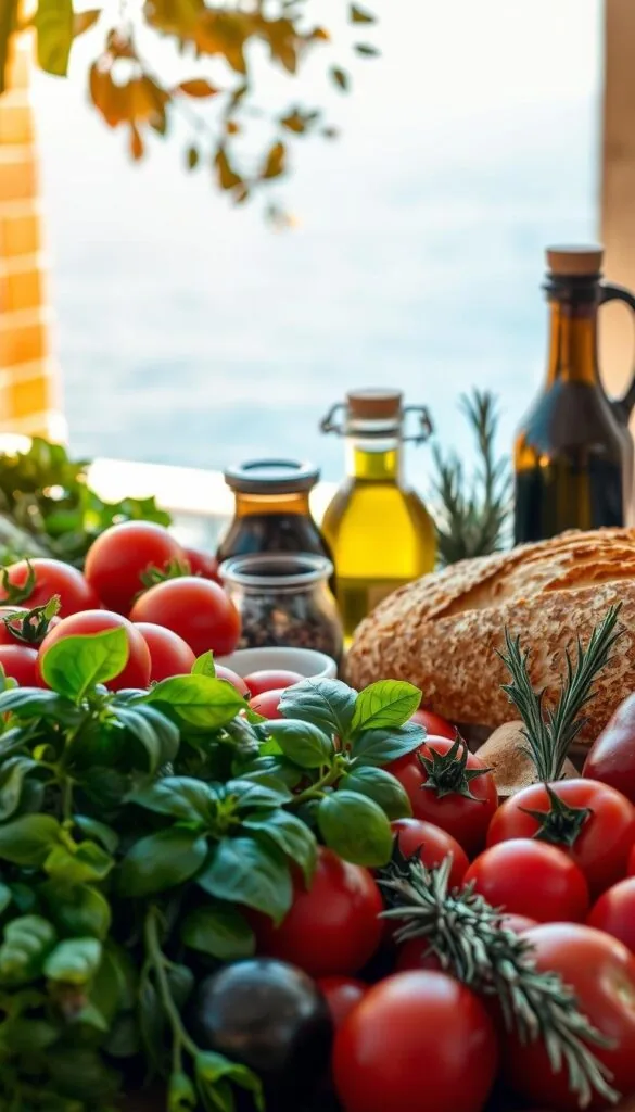 A bountiful arrangement of Mediterranean cuisine ingredients, illuminated by warm, golden light. In the foreground, an array of vibrant, freshly harvested produce - plump tomatoes, crisp cucumbers, leafy bunches of basil, and fragrant sprigs of rosemary. In the middle ground, jars of rich, aromatic olive oil and fragrant spices stand alongside a loaf of crusty, freshly baked bread. In the background, a glimpse of terracotta tiles and the blues of the Aegean Sea, capturing the essence of the Mediterranean lifestyle. The scene evokes the rich, flavorful, and wholesome nature of Mediterranean cooking. A bountiful arrangement of Mediterranean cuisine ingredients, illuminated by warm, golden light. In the foreground, an array of vibrant, freshly harvested produce - plump tomatoes, crisp cucumbers, leafy bunches of basil, and fragrant sprigs of rosemary. In the middle ground, jars of rich, aromatic olive oil and fragrant spices stand alongside a loaf of crusty, freshly baked bread. In the background, a glimpse of terracotta tiles and the blues of the Aegean Sea, capturing the essence of the Mediterranean lifestyle. The scene evokes the rich, flavorful, and wholesome nature of Mediterranean cooking.