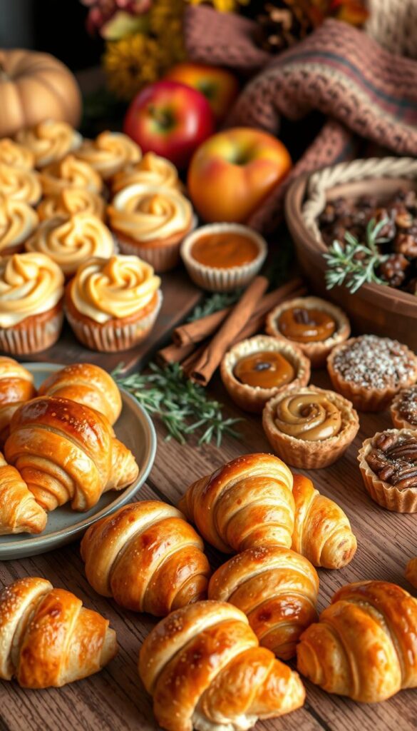 A bountiful arrangement of autumn-inspired desserts, artfully displayed on a rustic wooden table. In the foreground, a selection of crisp, golden-brown crescent rolls shaped like candy corn, their flaky layers glistening under soft, warm lighting. Surrounding them, an array of creative variations - pumpkin spice cupcakes with swirls of cream cheese frosting, caramel-drizzled apple tartlets, and bite-sized pecan pie bars dusted with cinnamon. In the middle ground, a mix of vibrant, seasonal produce - sliced apples, cinnamon sticks, and sprigs of fresh rosemary - lend a touch of natural elegance. The background features a cozy, autumnal setting, with a plaid blanket and knitted throw adding a touch of rustic charm. The overall mood is one of warmth, comfort, and the joy of fall's abundant flavors. A bountiful arrangement of autumn-inspired desserts, artfully displayed on a rustic wooden table. In the foreground, a selection of crisp, golden-brown crescent rolls shaped like candy corn, their flaky layers glistening under soft, warm lighting. Surrounding them, an array of creative variations - pumpkin spice cupcakes with swirls of cream cheese frosting, caramel-drizzled apple tartlets, and bite-sized pecan pie bars dusted with cinnamon. In the middle ground, a mix of vibrant, seasonal produce - sliced apples, cinnamon sticks, and sprigs of fresh rosemary - lend a touch of natural elegance. The background features a cozy, autumnal setting, with a plaid blanket and knitted throw adding a touch of rustic charm. The overall mood is one of warmth, comfort, and the joy of fall's abundant flavors.