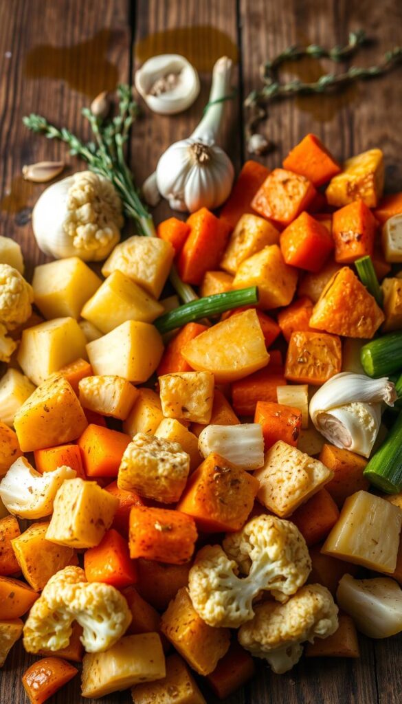 A bountiful arrangement of freshly roasted vegetables, meticulously prepared for a hearty and creamy cauliflower and leek soup. In the foreground, golden-brown chunks of roasted cauliflower, carrots, and potatoes glisten under the warm, soft lighting. In the middle ground, sliced leeks and garlic mingle, their aroma infusing the scene. The background features a rustic wooden table, its surface adorned with sprigs of fragrant thyme and a drizzle of rich olive oil. The overall mood is one of earthy, comforting simplicity, perfectly capturing the essence of the step-by-step cooking process for this nourishing and delicious soup.