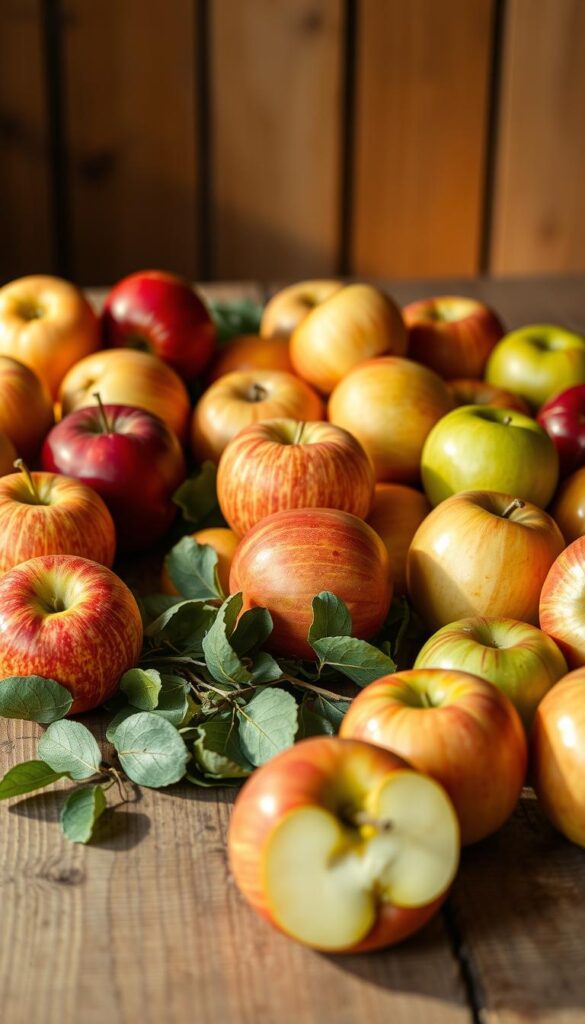 A bountiful arrangement of various apple varieties laid out on a rustic wooden table, illuminated by warm natural lighting and captured from a slightly elevated angle. The apples are positioned in the foreground, showcasing their distinct colors, shapes, and textures - from the deep red of Honeycrisp, the golden hues of Gala, the striped pattern of Fuji, and the firm, green Granny Smiths. The middle ground features a scattering of fresh leaves and stems, hinting at the orchards from which these apples were harvested. The background blurs softly, evoking a sense of inviting, countryside ambiance. The overall composition and lighting create an appetizing, artisanal presentation of the finest snacking apples. A bountiful arrangement of various apple varieties laid out on a rustic wooden table, illuminated by warm natural lighting and captured from a slightly elevated angle. The apples are positioned in the foreground, showcasing their distinct colors, shapes, and textures - from the deep red of Honeycrisp, the golden hues of Gala, the striped pattern of Fuji, and the firm, green Granny Smiths. The middle ground features a scattering of fresh leaves and stems, hinting at the orchards from which these apples were harvested. The background blurs softly, evoking a sense of inviting, countryside ambiance. The overall composition and lighting create an appetizing, artisanal presentation of the finest snacking apples.