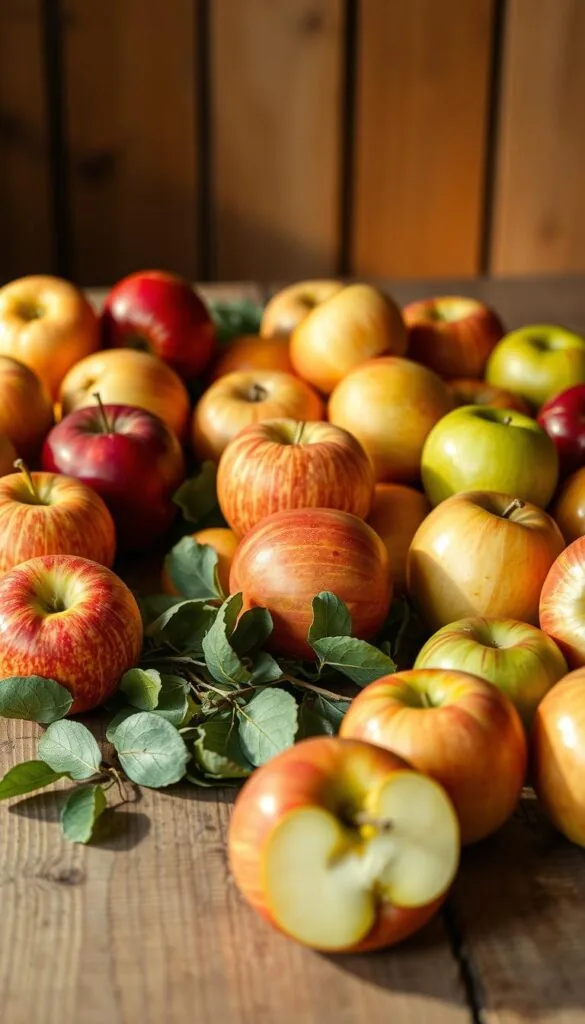 A bountiful arrangement of various apple varieties laid out on a rustic wooden table, illuminated by warm natural lighting and captured from a slightly elevated angle. The apples are positioned in the foreground, showcasing their distinct colors, shapes, and textures - from the deep red of Honeycrisp, the golden hues of Gala, the striped pattern of Fuji, and the firm, green Granny Smiths. The middle ground features a scattering of fresh leaves and stems, hinting at the orchards from which these apples were harvested. The background blurs softly, evoking a sense of inviting, countryside ambiance. The overall composition and lighting create an appetizing, artisanal presentation of the finest snacking apples. A bountiful arrangement of various apple varieties laid out on a rustic wooden table, illuminated by warm natural lighting and captured from a slightly elevated angle. The apples are positioned in the foreground, showcasing their distinct colors, shapes, and textures - from the deep red of Honeycrisp, the golden hues of Gala, the striped pattern of Fuji, and the firm, green Granny Smiths. The middle ground features a scattering of fresh leaves and stems, hinting at the orchards from which these apples were harvested. The background blurs softly, evoking a sense of inviting, countryside ambiance. The overall composition and lighting create an appetizing, artisanal presentation of the finest snacking apples.