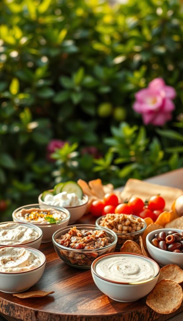 A bountiful display of gourmet dips and accompaniments for charcuterie skewers. In the foreground, an array of small bowls filled with creamy hummus, tangy tzatziki, and savory olive tapenade, artfully arranged on a rustic wooden board. In the middle ground, sliced cucumbers, cherry tomatoes, and crisp pita chips provide textural contrast. The background features a lush, verdant backdrop, evoking a Mediterranean garden setting, bathed in warm, natural lighting that casts a golden glow on the scene. The overall mood is one of rustic elegance, inviting the viewer to savor the flavors and explore the perfect pairings for the skewered meats and cheeses. A bountiful display of gourmet dips and accompaniments for charcuterie skewers. In the foreground, an array of small bowls filled with creamy hummus, tangy tzatziki, and savory olive tapenade, artfully arranged on a rustic wooden board. In the middle ground, sliced cucumbers, cherry tomatoes, and crisp pita chips provide textural contrast. The background features a lush, verdant backdrop, evoking a Mediterranean garden setting, bathed in warm, natural lighting that casts a golden glow on the scene. The overall mood is one of rustic elegance, inviting the viewer to savor the flavors and explore the perfect pairings for the skewered meats and cheeses.