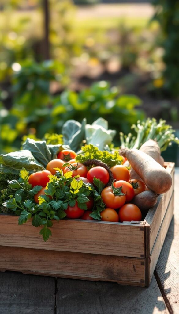 A bountiful display of homegrown vegetables nestled in a rustic wooden crate, illuminated by warm, natural lighting. In the foreground, an array of vibrant produce, including plump tomatoes, crisp leafy greens, and earthy root vegetables, arranged with care. In the middle ground, the wooden crate sits atop a weathered, wooden surface, casting soft shadows. The background fades into a blurred, natural setting, hinting at the garden from which these fresh ingredients were harvested. The overall scene exudes a sense of abundance, simplicity, and the pride of cultivating one's own nourishing bounty. A bountiful display of homegrown vegetables nestled in a rustic wooden crate, illuminated by warm, natural lighting. In the foreground, an array of vibrant produce, including plump tomatoes, crisp leafy greens, and earthy root vegetables, arranged with care. In the middle ground, the wooden crate sits atop a weathered, wooden surface, casting soft shadows. The background fades into a blurred, natural setting, hinting at the garden from which these fresh ingredients were harvested. The overall scene exudes a sense of abundance, simplicity, and the pride of cultivating one's own nourishing bounty.