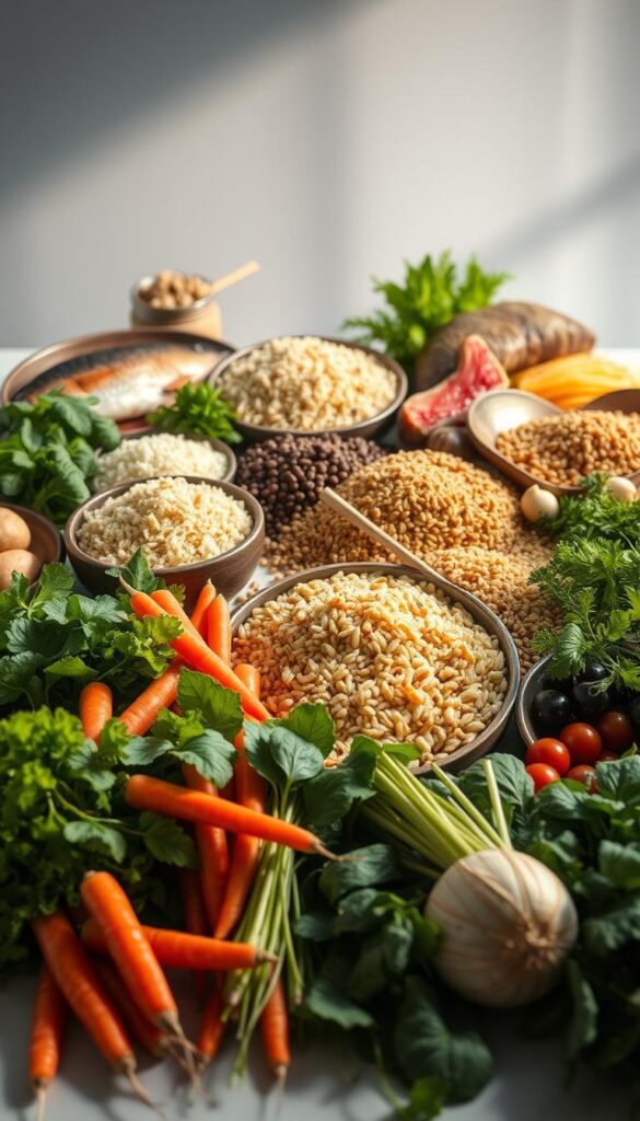 A bountiful display of traditional Asian diet staples, captured in a beautifully lit studio scene. In the foreground, a colorful arrangement of fresh vegetables and herbs - vibrant leafy greens, crisp carrots, fragrant ginger, and aromatic herbs. In the middle ground, an array of grains and legumes, including fragrant basmati rice, hearty brown rice, and various beans and lentils. In the background, a selection of whole fish, lean meats, and soy-based proteins, all complemented by a serene, minimalist setting with soft, natural lighting casting a warm glow over the scene. The overall atmosphere is one of health, balance, and the essential elements that comprise the nourishing and flavorful Asian diet. A bountiful display of traditional Asian diet staples, captured in a beautifully lit studio scene. In the foreground, a colorful arrangement of fresh vegetables and herbs - vibrant leafy greens, crisp carrots, fragrant ginger, and aromatic herbs. In the middle ground, an array of grains and legumes, including fragrant basmati rice, hearty brown rice, and various beans and lentils. In the background, a selection of whole fish, lean meats, and soy-based proteins, all complemented by a serene, minimalist setting with soft, natural lighting casting a warm glow over the scene. The overall atmosphere is one of health, balance, and the essential elements that comprise the nourishing and flavorful Asian diet.