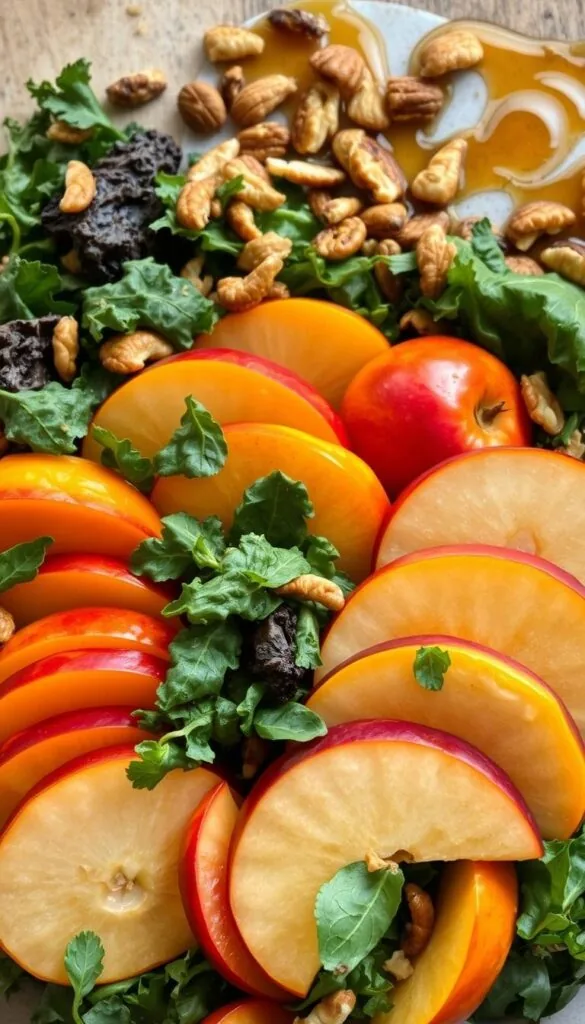 A bountiful harvest of vibrant fall fruits nestled amidst a crisp, freshly-tossed salad. In the foreground, juicy slices of apples, pears, and persimmons artfully arranged, their hues of amber, crimson, and gold glistening under soft, warm lighting. The middle ground features a mix of leafy greens - kale, spinach, and arugula - their textures and shades of green providing a lush backdrop. In the background, a scattering of toasted nuts and drizzles of golden honey offer a delightful contrast. The entire scene is captured through a slightly wide-angle lens, creating a sense of abundance and wholesome allure, perfectly suited to showcase the joys of a seasonal fall salad. A bountiful harvest of vibrant fall fruits nestled amidst a crisp, freshly-tossed salad. In the foreground, juicy slices of apples, pears, and persimmons artfully arranged, their hues of amber, crimson, and gold glistening under soft, warm lighting. The middle ground features a mix of leafy greens - kale, spinach, and arugula - their textures and shades of green providing a lush backdrop. In the background, a scattering of toasted nuts and drizzles of golden honey offer a delightful contrast. The entire scene is captured through a slightly wide-angle lens, creating a sense of abundance and wholesome allure, perfectly suited to showcase the joys of a seasonal fall salad.