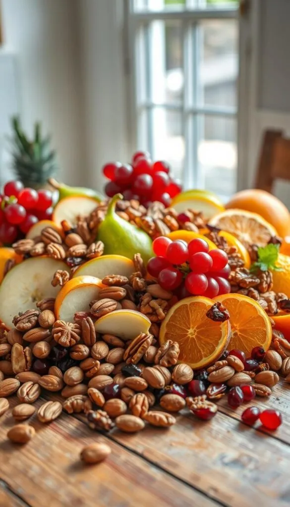 A bountiful still life of fresh fruit and roasted nuts, artfully arranged on a rustic wooden table. In the foreground, juicy slices of apple, pear, and orange mingle with clusters of vibrant red grapes. Nestled among the fruit are handfuls of toasted almonds, pecans, and walnuts, their warm hues complementing the cooler tones of the produce. The middle ground features a scattering of pomegranate seeds and dried cranberries, adding pops of color and texture. Soft, natural lighting filters through a nearby window, casting a warm glow across the scene. The overall composition evokes a sense of abundance and sensory delight, perfectly capturing the essence of a tempting dessert salad.