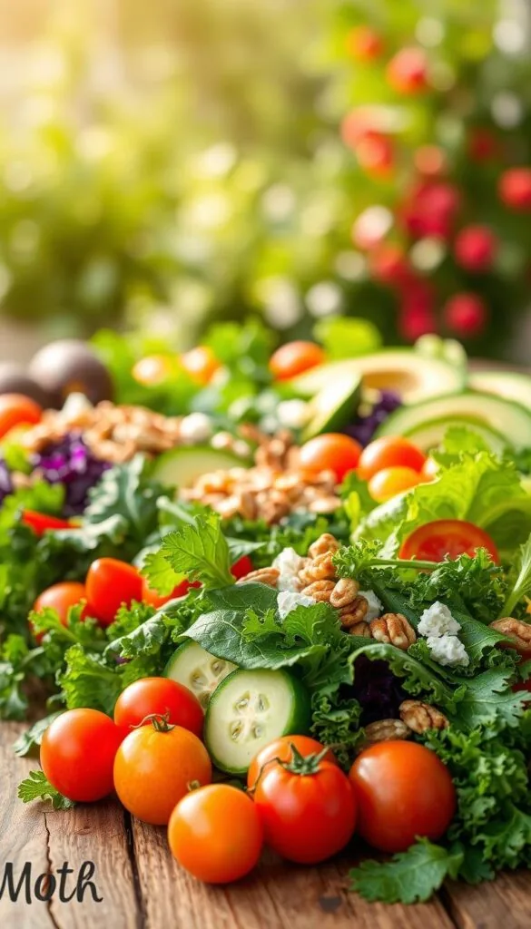 A bountiful summer scene, bursting with vibrant, fresh salad greens. In the foreground, an array of colorful vegetables - juicy tomatoes, crisp cucumbers, and leafy kale - artfully arranged on a wooden table. The middle ground features a selection of healthy toppings, such as avocado slices, toasted nuts, and crumbled feta cheese, creating a visually appealing and textural contrast. The background is softly blurred, evoking a sense of tranquility and inviting the viewer to savor the nourishing goodness. Warm, natural lighting bathes the scene, capturing the essence of a summer afternoon. The overall composition exudes a sense of balance, health, and the vibrant flavors of the season.