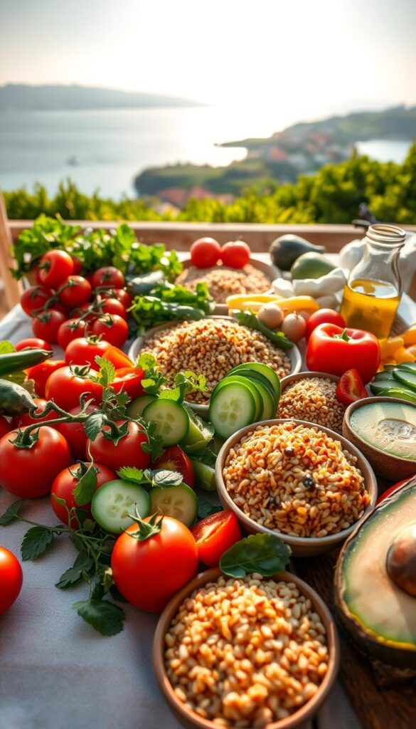 A bountiful table showcasing the core principles of the Mediterranean diet. In the foreground, an array of fresh, vibrant whole foods - sun-ripened tomatoes, crisp cucumbers, fragrant herbs, and a drizzle of rich olive oil. In the middle ground, whole grains such as quinoa and farro, nestled among sliced avocado and roasted bell peppers. In the background, a serene seaside vista, with distant rolling hills and a warm, golden light filtering through. The scene exudes a sense of balance, simplicity, and the celebration of nature's bounty. Captured with a wide-angle lens, the image conveys the essence of the Mediterranean lifestyle - nourishing the body and nourishing the soul.