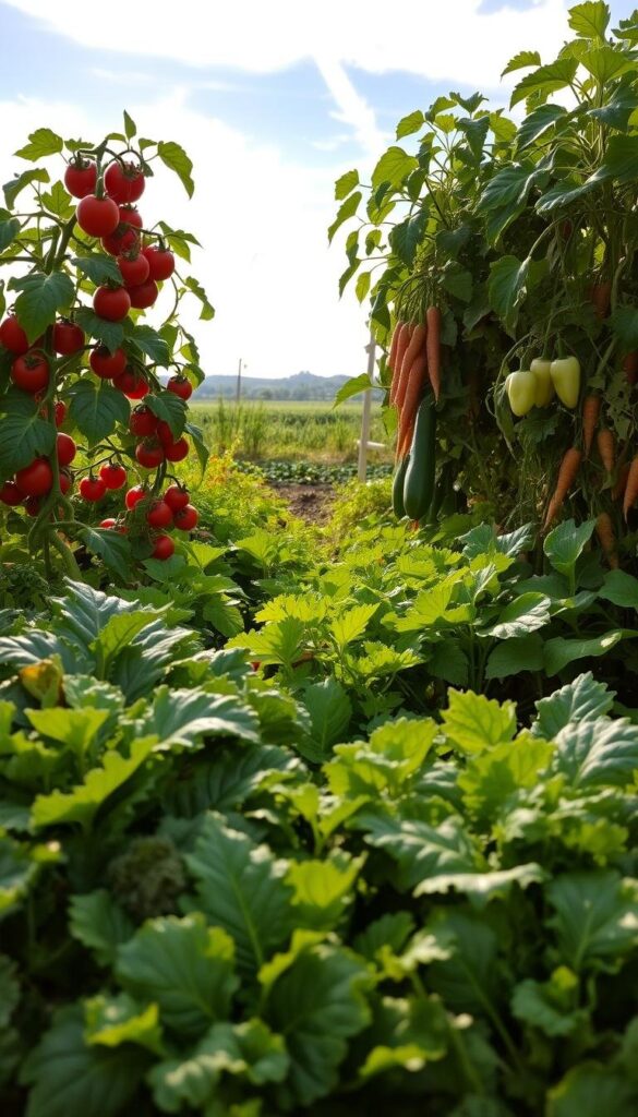 A bountiful vegetable garden, overflowing with vibrant, easy-to-grow produce suitable for beginner gardeners. In the foreground, lush leafy greens such as kale, spinach, and lettuce thriving under the warm, natural light filtering through wispy clouds. In the middle ground, tomato vines heavily laden with ripe, juicy fruits, and a cluster of crisp, green cucumbers peeking out from beneath their leaves. The background showcases a variety of other beginner-friendly veggies, including plump bell peppers, tender carrots, and hearty zucchini plants, all set against a backdrop of a tranquil, sun-dappled countryside. The overall scene conveys a sense of abundance, simplicity, and the joy of growing one's own nourishing food. A bountiful vegetable garden, overflowing with vibrant, easy-to-grow produce suitable for beginner gardeners. In the foreground, lush leafy greens such as kale, spinach, and lettuce thriving under the warm, natural light filtering through wispy clouds. In the middle ground, tomato vines heavily laden with ripe, juicy fruits, and a cluster of crisp, green cucumbers peeking out from beneath their leaves. The background showcases a variety of other beginner-friendly veggies, including plump bell peppers, tender carrots, and hearty zucchini plants, all set against a backdrop of a tranquil, sun-dappled countryside. The overall scene conveys a sense of abundance, simplicity, and the joy of growing one's own nourishing food.