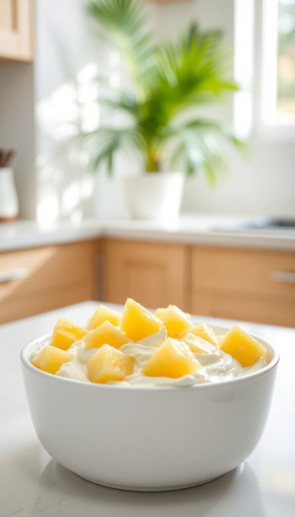 A bright, airy kitchen counter with a clean white surface. In the foreground, a white ceramic bowl filled with smooth, creamy cottage cheese, dotted with vibrant yellow pineapple chunks. The pineapple slices are neatly arranged, creating a visually appealing contrast. Soft, natural lighting casts a warm glow, highlighting the texture of the cottage cheese and the juicy, translucent pineapple. In the background, a lush, tropical plant adds a touch of greenery, complementing the colors of the dish. The overall scene exudes a sense of freshness and simplicity, inviting the viewer to savor the combination of the cool, tangy cottage cheese and the sweet, tropical pineapple. A bright, airy kitchen counter with a clean white surface. In the foreground, a white ceramic bowl filled with smooth, creamy cottage cheese, dotted with vibrant yellow pineapple chunks. The pineapple slices are neatly arranged, creating a visually appealing contrast. Soft, natural lighting casts a warm glow, highlighting the texture of the cottage cheese and the juicy, translucent pineapple. In the background, a lush, tropical plant adds a touch of greenery, complementing the colors of the dish. The overall scene exudes a sense of freshness and simplicity, inviting the viewer to savor the combination of the cool, tangy cottage cheese and the sweet, tropical pineapple.