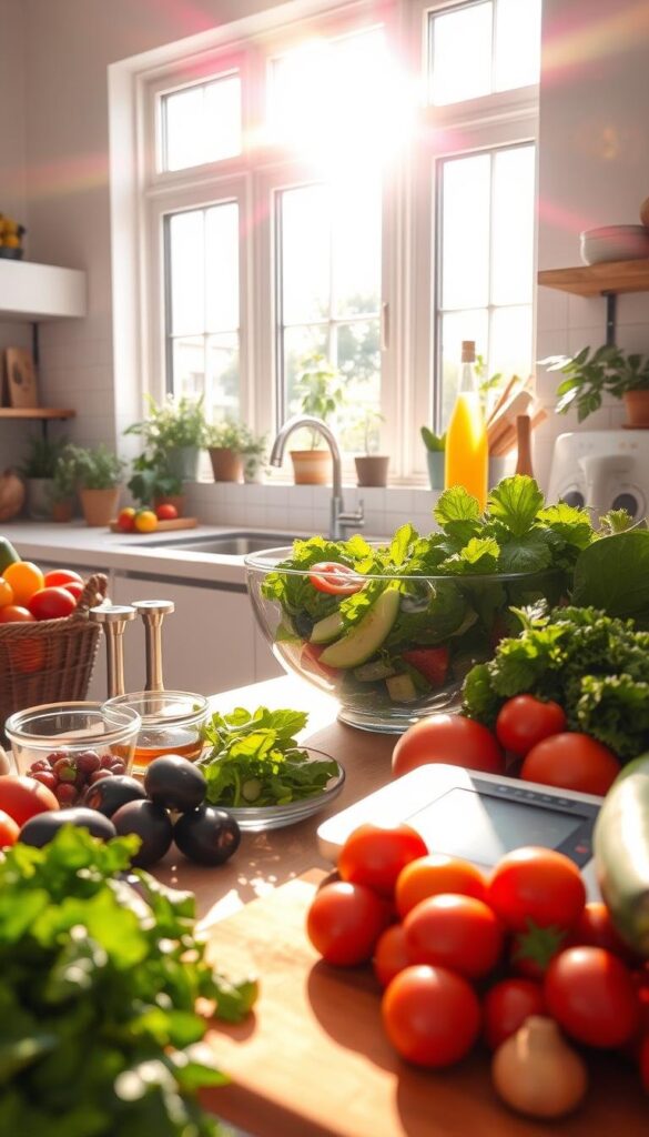 A bright, airy kitchen filled with an abundance of fresh, whole foods. In the foreground, a wooden cutting board showcases an assortment of vibrant fruits and vegetables, their colors popping against the natural wood. In the middle ground, a glass bowl overflows with a hearty salad, its greens, tomatoes, and cucumbers neatly portioned. Sunlight streams through large windows, casting a warm glow on the scene. On the countertop, a set of measuring cups and a sleek digital scale suggest a focus on portion control and mindful eating. The overall atmosphere conveys a sense of wellness, balance, and the benefits of a clean, wholesome diet.