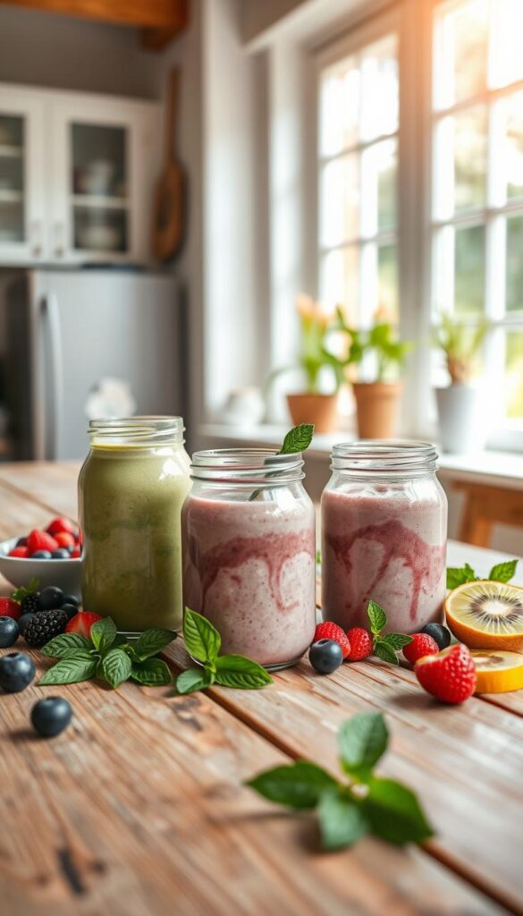 A bright, airy kitchen setting with a rustic wooden table. On the table, three glass jars filled with creamy Greek yogurt-based smoothies in shades of vibrant green, deep purple, and rich golden-yellow. Fresh berries, sliced kiwi, and sprigs of mint artfully arranged around the jars, creating a visually appealing and appetizing scene. Soft, diffused natural lighting filters in through large windows, casting a warm glow on the scene. The jars are shot from a slight overhead angle, showcasing their contents and the textural contrast between the smooth yogurt and the fresh fruit garnishes. An atmosphere of health, vitality, and culinary delight pervades the image. A bright, airy kitchen setting with a rustic wooden table. On the table, three glass jars filled with creamy Greek yogurt-based smoothies in shades of vibrant green, deep purple, and rich golden-yellow. Fresh berries, sliced kiwi, and sprigs of mint artfully arranged around the jars, creating a visually appealing and appetizing scene. Soft, diffused natural lighting filters in through large windows, casting a warm glow on the scene. The jars are shot from a slight overhead angle, showcasing their contents and the textural contrast between the smooth yogurt and the fresh fruit garnishes. An atmosphere of health, vitality, and culinary delight pervades the image.