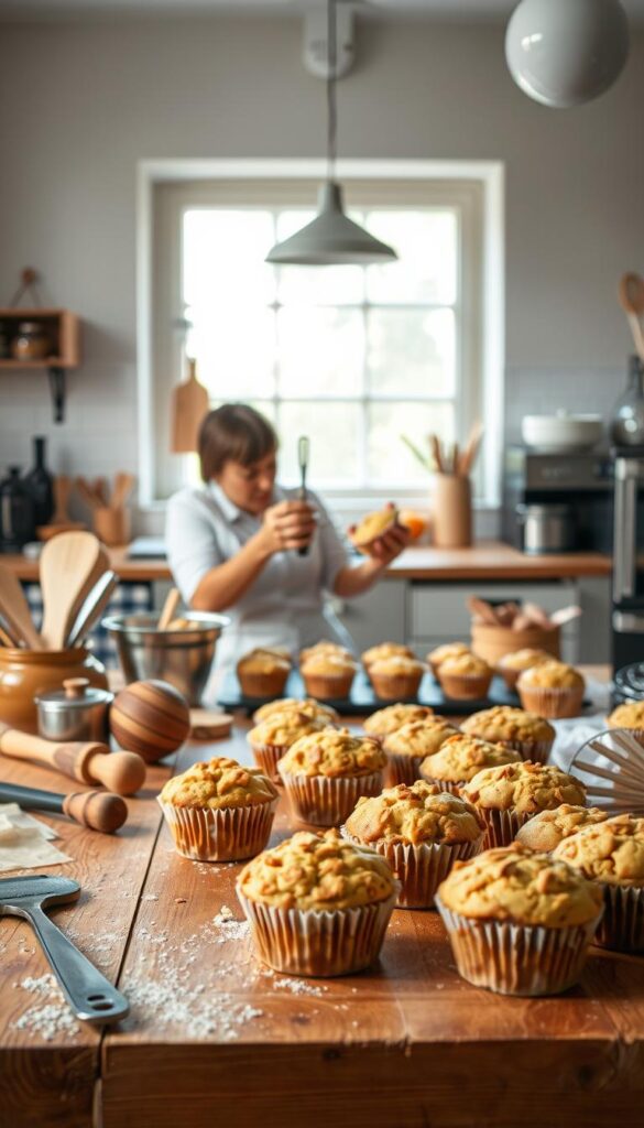 A bright and airy kitchen scene, with a wooden table in the foreground showcasing an array of baking tools and ingredients. In the middle ground, a baker's hands carefully assessing the texture and rise of freshly baked muffins, conveying a sense of troubleshooting and problem-solving. The background features a large window, allowing natural light to flood the space and create a warm, inviting atmosphere. The overall mood is one of focus, experimentation, and the pursuit of baking perfection.