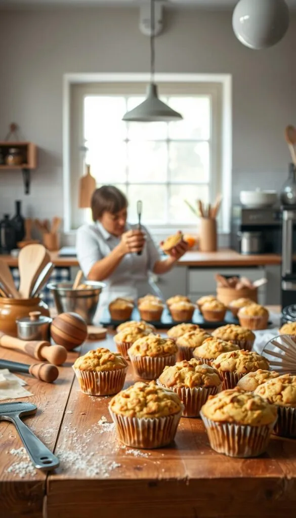 A bright and airy kitchen scene, with a wooden table in the foreground showcasing an array of baking tools and ingredients. In the middle ground, a baker's hands carefully assessing the texture and rise of freshly baked muffins, conveying a sense of troubleshooting and problem-solving. The background features a large window, allowing natural light to flood the space and create a warm, inviting atmosphere. The overall mood is one of focus, experimentation, and the pursuit of baking perfection.