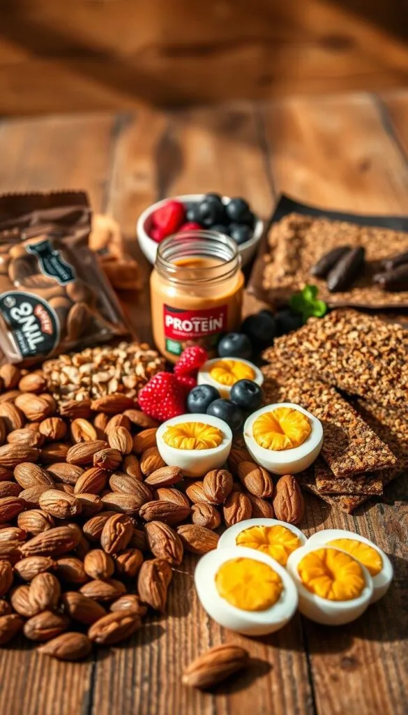A bright, appetizing still life featuring an assortment of protein-rich snacks on a rustic wooden surface. In the foreground, an array of colorful ingredients - roasted almonds, crunchy granola bars, jerky sticks, and hard-boiled eggs - arranged with care. The middle ground showcases a small jar of nut butter and a handful of fresh berries, complementing the textures and flavors. Warm, natural lighting from the side accentuates the earthy tones and casts gentle shadows, creating a cozy, inviting atmosphere. The composition is balanced and visually appealing, showcasing a tempting selection of nutritious and convenient on-the-go snack options.