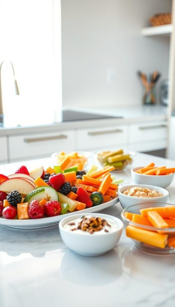 A brightly lit kitchen counter showcases an arrangement of easy-to-prepare healthy snacks. In the foreground, a platter displays a colorful selection of fresh fruits, such as sliced apples, berries, and orange wedges, alongside crunchy vegetable sticks like carrot and celery. In the middle ground, small bowls hold creamy hummus, tangy Greek yogurt, and a sprinkle of toasted nuts and seeds. The background features a sleek, minimalist aesthetic with a clean, white backdrop, allowing the vibrant, nutritious snacks to take center stage. The scene is illuminated by natural light, casting a warm, inviting glow and emphasizing the vibrant colors and textures of the easy, homemade healthy snacks. A brightly lit kitchen counter showcases an arrangement of easy-to-prepare healthy snacks. In the foreground, a platter displays a colorful selection of fresh fruits, such as sliced apples, berries, and orange wedges, alongside crunchy vegetable sticks like carrot and celery. In the middle ground, small bowls hold creamy hummus, tangy Greek yogurt, and a sprinkle of toasted nuts and seeds. The background features a sleek, minimalist aesthetic with a clean, white backdrop, allowing the vibrant, nutritious snacks to take center stage. The scene is illuminated by natural light, casting a warm, inviting glow and emphasizing the vibrant colors and textures of the easy, homemade healthy snacks.