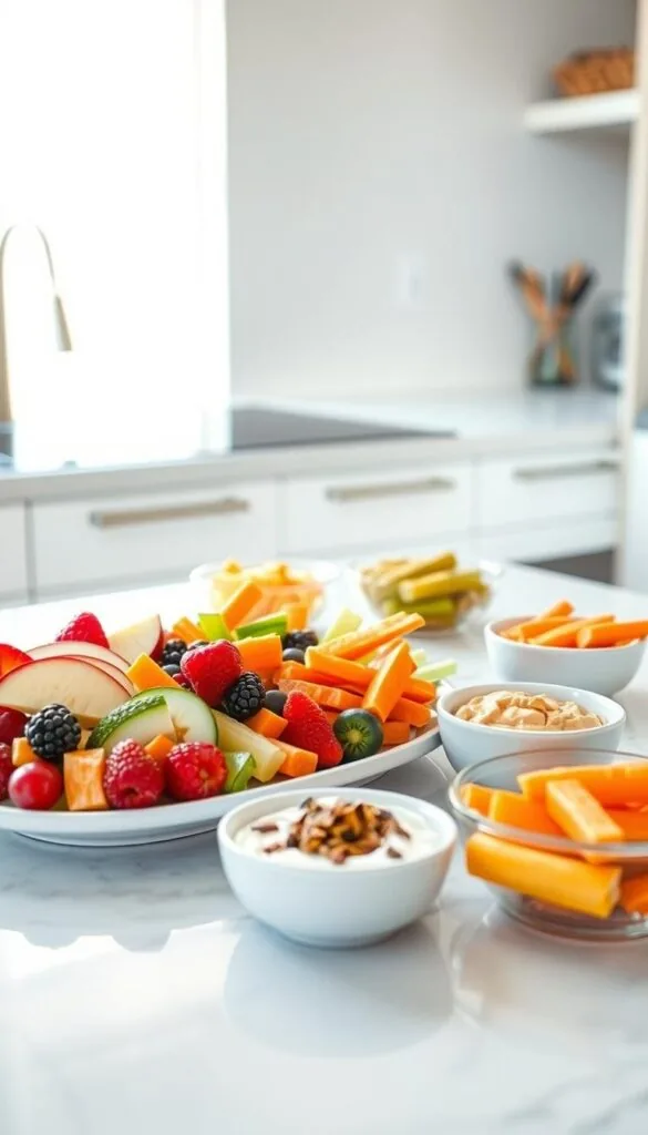 A brightly lit kitchen counter showcases an arrangement of easy-to-prepare healthy snacks. In the foreground, a platter displays a colorful selection of fresh fruits, such as sliced apples, berries, and orange wedges, alongside crunchy vegetable sticks like carrot and celery. In the middle ground, small bowls hold creamy hummus, tangy Greek yogurt, and a sprinkle of toasted nuts and seeds. The background features a sleek, minimalist aesthetic with a clean, white backdrop, allowing the vibrant, nutritious snacks to take center stage. The scene is illuminated by natural light, casting a warm, inviting glow and emphasizing the vibrant colors and textures of the easy, homemade healthy snacks.