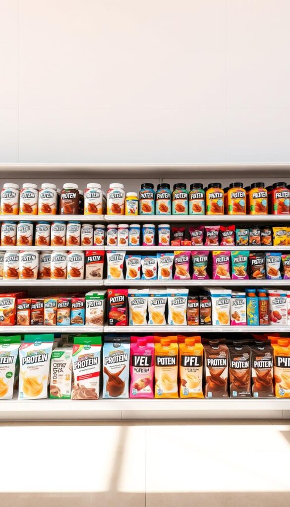 A brightly lit store shelf displaying an array of ready-to-drink protein options. The foreground features various protein shakes, bars, and drinks neatly arranged with clear labeling and vibrant packaging. The middle ground showcases a diverse selection of flavors, from classic chocolate and vanilla to more unique options like berry and mocha. The background is a clean, white wall, creating a minimalist and modern atmosphere. Warm, natural lighting illuminates the scene, highlighting the products' glossy textures and appealing colors. The overall composition conveys a sense of health, convenience, and an abundance of nourishing protein choices for the busy consumer. A brightly lit store shelf displaying an array of ready-to-drink protein options. The foreground features various protein shakes, bars, and drinks neatly arranged with clear labeling and vibrant packaging. The middle ground showcases a diverse selection of flavors, from classic chocolate and vanilla to more unique options like berry and mocha. The background is a clean, white wall, creating a minimalist and modern atmosphere. Warm, natural lighting illuminates the scene, highlighting the products' glossy textures and appealing colors. The overall composition conveys a sense of health, convenience, and an abundance of nourishing protein choices for the busy consumer.
