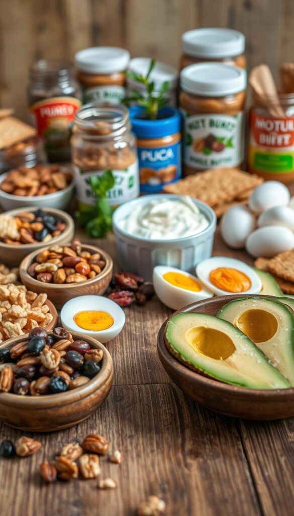 A carefully arranged still life showcasing an assortment of protein-rich snacks on a wooden table. In the foreground, an array of nuts, seeds, and dried fruit in rustic bowls. In the middle ground, hard-boiled eggs, Greek yogurt, and sliced avocado garnished with a sprinkle of sea salt. The background features a selection of nut butter jars, whole-grain crackers, and a small potted plant for a touch of greenery. The lighting is soft and natural, casting gentle shadows and highlighting the textures of the various ingredients. The overall composition conveys a sense of balance, wholesomeness, and culinary inspiration, suitable for a feature on healthy and satisfying snack ideas. A carefully arranged still life showcasing an assortment of protein-rich snacks on a wooden table. In the foreground, an array of nuts, seeds, and dried fruit in rustic bowls. In the middle ground, hard-boiled eggs, Greek yogurt, and sliced avocado garnished with a sprinkle of sea salt. The background features a selection of nut butter jars, whole-grain crackers, and a small potted plant for a touch of greenery. The lighting is soft and natural, casting gentle shadows and highlighting the textures of the various ingredients. The overall composition conveys a sense of balance, wholesomeness, and culinary inspiration, suitable for a feature on healthy and satisfying snack ideas.