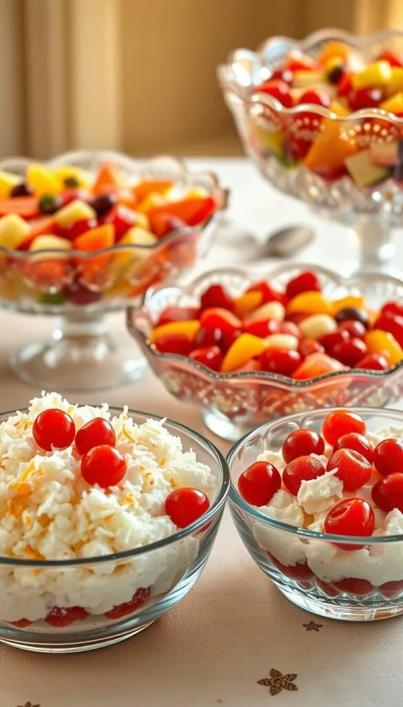 A carefully composed table setting, featuring an array of classic dessert salads. In the foreground, a bowl filled with creamy ambrosia salad, garnished with vibrant maraschino cherries and shredded coconut. Beside it, a chilled Jell-O mold, its translucent layers infused with fresh fruit. In the middle ground, a vintage-inspired glass dish showcases a refreshing fruit cocktail salad, its vibrant colors a feast for the eyes. In the background, an elegant crystal bowl holds a luscious fruit salad, drizzled with a light, tangy dressing. Warm, golden lighting casts a soft, inviting glow over the scene, evoking the comforting nostalgia of classic American desserts.
