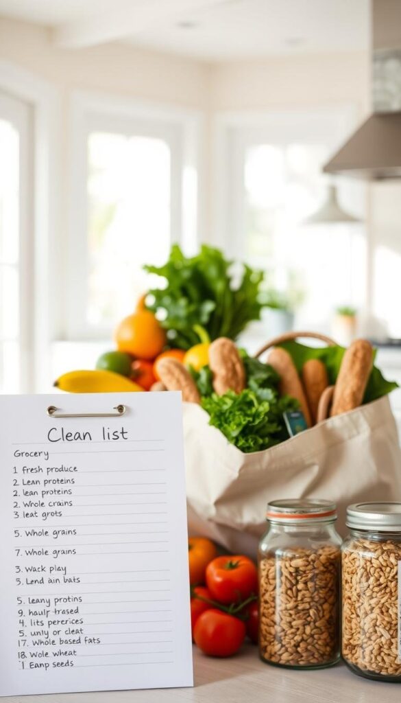 A clean and organized grocery list for healthy, whole-food ingredients against a bright, airy backdrop. In the foreground, a crisp white shopping list with handwritten items like fresh produce, lean proteins, whole grains, and plant-based fats. In the middle ground, neatly arranged grocery items spilling out of reusable tote bags - vibrant fruits, leafy greens, whole wheat bread, and glass jars of nuts and seeds. The background features a light-filled kitchen, with natural light streaming in through large windows, creating a warm, inviting atmosphere that evokes a sense of wellness and mindful living. Captured with a soft, natural lens, the overall image radiates a clean, minimalist aesthetic that aligns with the principles of a clean eating lifestyle.