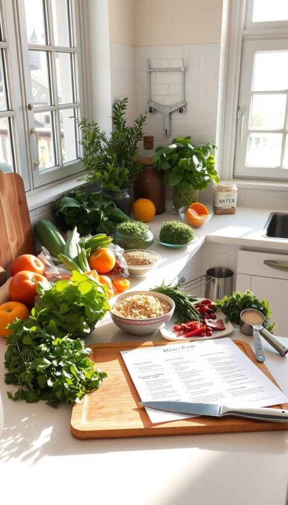 A clean, well-organized kitchen counter showcases an array of fresh, wholesome ingredients: crisp produce, whole grains, lean protein, and vibrant herbs. Sunlight streams in through large windows, casting a warm, natural glow over the scene. On the counter, a neatly arranged meal plan outlines balanced, nutrient-dense recipes, with accompanying shopping lists and preparation instructions. The overall atmosphere radiates a sense of order, mindfulness, and a commitment to a clean, healthy lifestyle. A cutting board, chef's knife, and measuring cups stand ready, inviting the viewer to engage in the satisfying process of meal preparation.