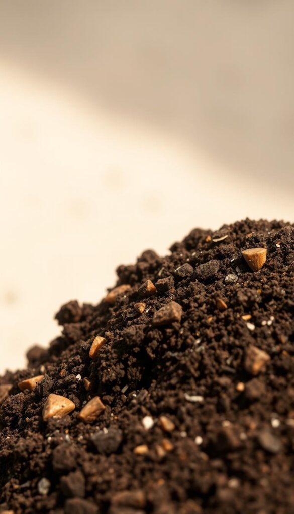 A close-up, detailed view of a soil mixture for container gardening, showcased against a soft, neutral background. The soil is a rich, dark brown hue, with visible organic matter and perlite for improved drainage and aeration. The texture appears loose and crumbly, ready for planting. Soft, natural lighting illuminates the scene, creating a warm, inviting atmosphere. The image captures the essential elements of a high-quality potting mix, suitable for thriving patio vegetables and herbs. A close-up, detailed view of a soil mixture for container gardening, showcased against a soft, neutral background. The soil is a rich, dark brown hue, with visible organic matter and perlite for improved drainage and aeration. The texture appears loose and crumbly, ready for planting. Soft, natural lighting illuminates the scene, creating a warm, inviting atmosphere. The image captures the essential elements of a high-quality potting mix, suitable for thriving patio vegetables and herbs.
