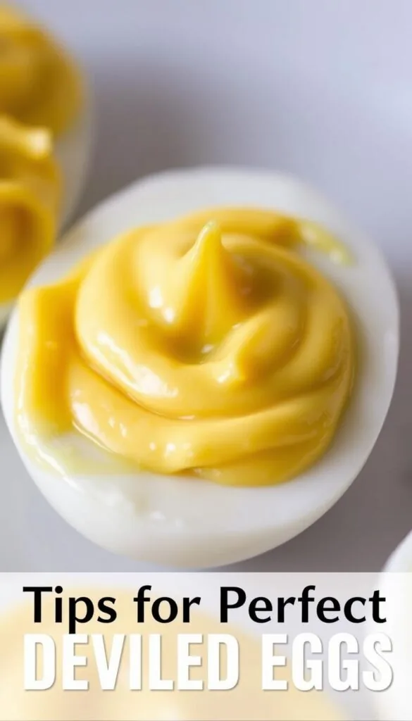A close-up, high-resolution image of a creamy, golden yolk mixture. The mixture is smooth and glossy, with a rich, velvety texture. Captured in soft, natural lighting that gently illuminates the vibrant color and subtle sheen of the yolks. The composition places the yolk mixture in the center of the frame, filling the majority of the image. The background is blurred and out of focus, creating a clean, minimalist aesthetic that allows the yolks to be the sole focal point. The overall mood is one of culinary elegance and appetizing allure, perfectly capturing the essence of the "Tips for Perfect Deviled Eggs" section.