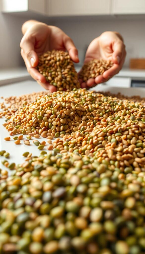 A close-up, high-resolution image of various lentil preparation techniques. In the foreground, a variety of lentil types are showcased, including green, brown, and red lentils. In the middle ground, hands are gently rinsing and sorting the lentils, removing any impurities. The background features a minimalist, clean kitchen countertop with natural lighting filtering in, creating a warm, inviting atmosphere. The focus is on the tactile, hands-on process of preparing lentils for a delicious, texture-rich bolognese sauce. The image conveys a sense of care, attention to detail, and the importance of proper lentil preparation for achieving the best possible results.