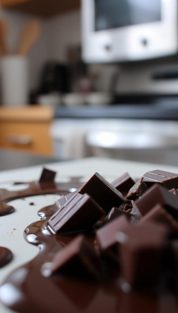 A close-up of chocolate chunks melting on a flat surface, with a soft, diffused light illuminating the scene. The chocolate slowly liquefies, creating smooth, flowing patterns as it spreads. In the background, a blurred kitchen setting suggests the context of culinary preparation. The focus is on the tactile, sensual experience of the chocolate's transformation, inviting the viewer to imagine the texture and temperature of the molten chocolate. A close-up of chocolate chunks melting on a flat surface, with a soft, diffused light illuminating the scene. The chocolate slowly liquefies, creating smooth, flowing patterns as it spreads. In the background, a blurred kitchen setting suggests the context of culinary preparation. The focus is on the tactile, sensual experience of the chocolate's transformation, inviting the viewer to imagine the texture and temperature of the molten chocolate.