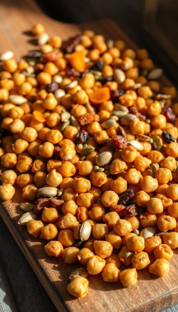 A close-up photo of a rustic wooden board scattered with a crunchy chickpea snack mix. In the foreground, an assortment of golden-roasted chickpeas, mixed nuts, and seeds, including almonds, pumpkin seeds, and sesame seeds. The chickpeas have a delightful crunch and are dusted with a savory spice blend, casting warm shadows across the board. In the middle ground, a few stray pieces of dried fruit, like apricots and cranberries, add pops of color and chewy texture. The image is softly lit from the side, casting gentle highlights and shadows that accentuate the nubby, textural quality of the ingredients. The overall mood is rustic, wholesome, and appetizing, inviting the viewer to reach in and grab a handful of this crunchy, flavorful snack mix. A close-up photo of a rustic wooden board scattered with a crunchy chickpea snack mix. In the foreground, an assortment of golden-roasted chickpeas, mixed nuts, and seeds, including almonds, pumpkin seeds, and sesame seeds. The chickpeas have a delightful crunch and are dusted with a savory spice blend, casting warm shadows across the board. In the middle ground, a few stray pieces of dried fruit, like apricots and cranberries, add pops of color and chewy texture. The image is softly lit from the side, casting gentle highlights and shadows that accentuate the nubby, textural quality of the ingredients. The overall mood is rustic, wholesome, and appetizing, inviting the viewer to reach in and grab a handful of this crunchy, flavorful snack mix.