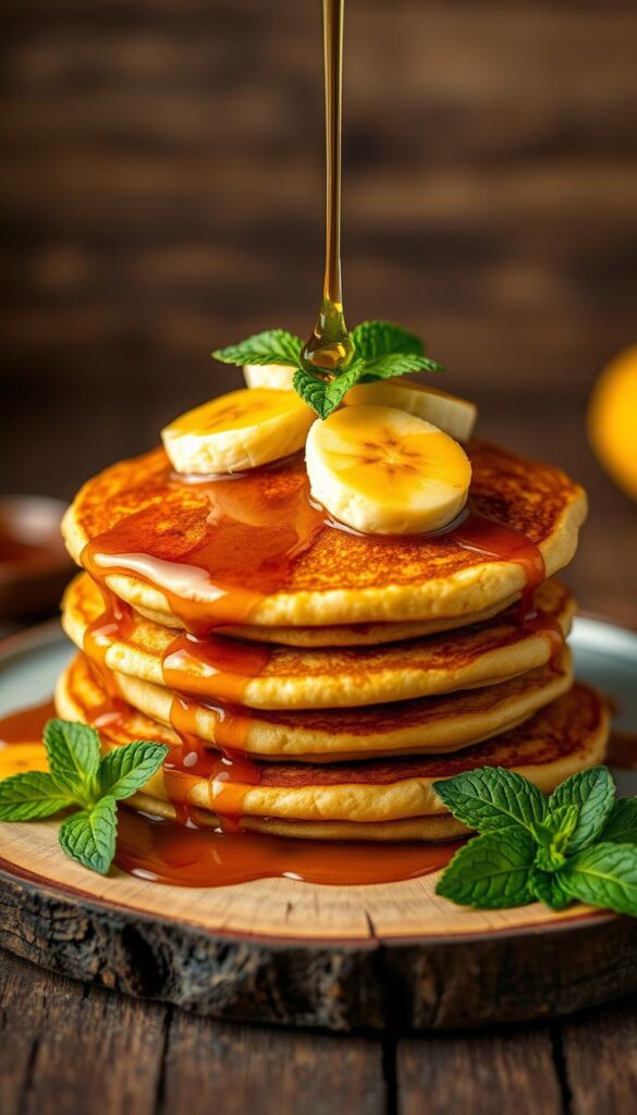 A close-up photograph of a stack of fluffy, golden-brown banana pancakes, drizzled with rich, amber-colored maple syrup. The syrup glistens as it cascades down the sides, creating a mouthwatering contrast against the pancakes. Fresh, ripe banana slices are artfully arranged on top, their natural sweetness complementing the syrup's caramelized notes. The composition is framed by a rustic, wooden table, with a sprig of fresh mint adding a touch of vibrant green. Soft, natural lighting illuminates the scene, casting a warm, inviting glow and highlighting the textures and colors of the ingredients. The overall atmosphere is one of comforting indulgence, perfectly capturing the essence of the "Best Serving Ideas with Maple Syrup" section.