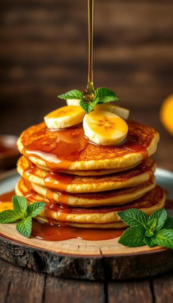 A close-up photograph of a stack of fluffy, golden-brown banana pancakes, drizzled with rich, amber-colored maple syrup. The syrup glistens as it cascades down the sides, creating a mouthwatering contrast against the pancakes. Fresh, ripe banana slices are artfully arranged on top, their natural sweetness complementing the syrup's caramelized notes. The composition is framed by a rustic, wooden table, with a sprig of fresh mint adding a touch of vibrant green. Soft, natural lighting illuminates the scene, casting a warm, inviting glow and highlighting the textures and colors of the ingredients. The overall atmosphere is one of comforting indulgence, perfectly capturing the essence of the "Best Serving Ideas with Maple Syrup" section.