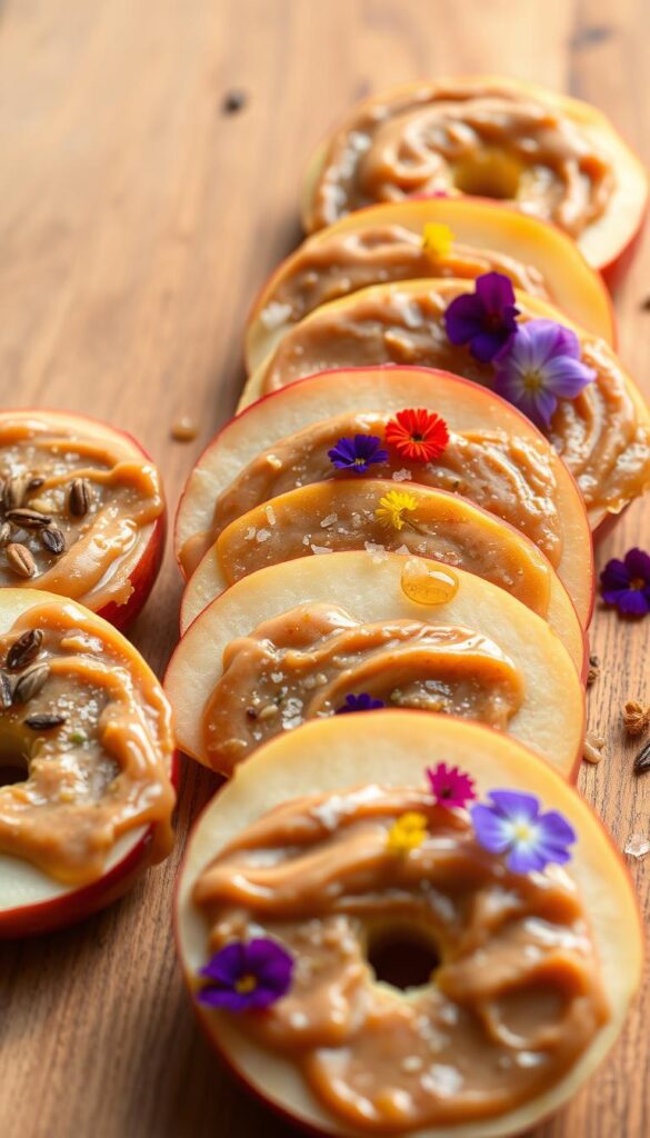 A close-up photograph of a wooden surface, softly lit from the side, with neatly arranged apple slices coated in a rich, creamy sunflower seed butter. Decorative toppings adorn the slices, including roasted sunflower seeds, a sprinkle of flaky sea salt, a drizzle of golden honey, and a scattering of vibrant edible flowers, creating a visually appealing and appetizing composition. A close-up photograph of a wooden surface, softly lit from the side, with neatly arranged apple slices coated in a rich, creamy sunflower seed butter. Decorative toppings adorn the slices, including roasted sunflower seeds, a sprinkle of flaky sea salt, a drizzle of golden honey, and a scattering of vibrant edible flowers, creating a visually appealing and appetizing composition.