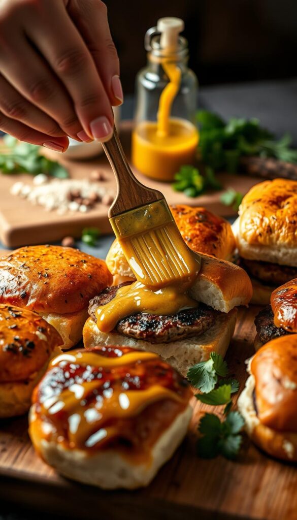 A close-up shot of a chef's hands carefully brushing a glistening honey mustard glaze onto a sizzling batch of freshly grilled sliders. The juicy patties are nestled between soft, toasted brioche buns, their edges caramelized to a golden brown. In the background, a wooden cutting board is scattered with fresh herbs, spices, and a squeeze bottle of the rich, tangy sauce. Soft, directional lighting illuminates the scene, casting warm shadows and highlighting the inviting textures. The overall mood is one of artful culinary craftsmanship, perfectly capturing the essence of "Cooking Techniques for Honey Mustard Glazed Sliders". A close-up shot of a chef's hands carefully brushing a glistening honey mustard glaze onto a sizzling batch of freshly grilled sliders. The juicy patties are nestled between soft, toasted brioche buns, their edges caramelized to a golden brown. In the background, a wooden cutting board is scattered with fresh herbs, spices, and a squeeze bottle of the rich, tangy sauce. Soft, directional lighting illuminates the scene, casting warm shadows and highlighting the inviting textures. The overall mood is one of artful culinary craftsmanship, perfectly capturing the essence of "Cooking Techniques for Honey Mustard Glazed Sliders".