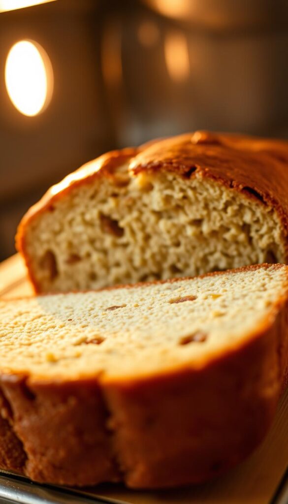 A close-up shot of a freshly baked banana bread loaf, its surface lightly browned and glistening with a thin layer of butter or oil. The interior visible through a clean slice, revealing a moist, tender crumb with visible flecks of banana. Warm lighting from an unseen oven illuminates the scene, casting a gentle glow and creating defined shadows. The focus is sharp, capturing every detail of the bread's texture and appearance. The overall mood is inviting and appetizing, highlighting the baking process that has yielded this perfectly cooked, comforting treat. A close-up shot of a freshly baked banana bread loaf, its surface lightly browned and glistening with a thin layer of butter or oil. The interior visible through a clean slice, revealing a moist, tender crumb with visible flecks of banana. Warm lighting from an unseen oven illuminates the scene, casting a gentle glow and creating defined shadows. The focus is sharp, capturing every detail of the bread's texture and appearance. The overall mood is inviting and appetizing, highlighting the baking process that has yielded this perfectly cooked, comforting treat.