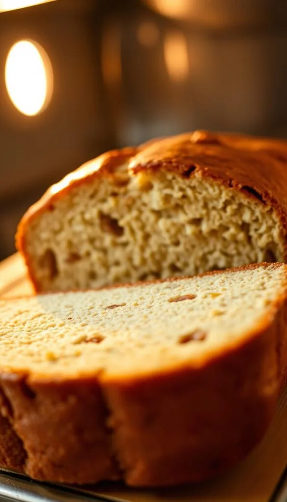 A close-up shot of a freshly baked banana bread loaf, its surface lightly browned and glistening with a thin layer of butter or oil. The interior visible through a clean slice, revealing a moist, tender crumb with visible flecks of banana. Warm lighting from an unseen oven illuminates the scene, casting a gentle glow and creating defined shadows. The focus is sharp, capturing every detail of the bread's texture and appearance. The overall mood is inviting and appetizing, highlighting the baking process that has yielded this perfectly cooked, comforting treat.