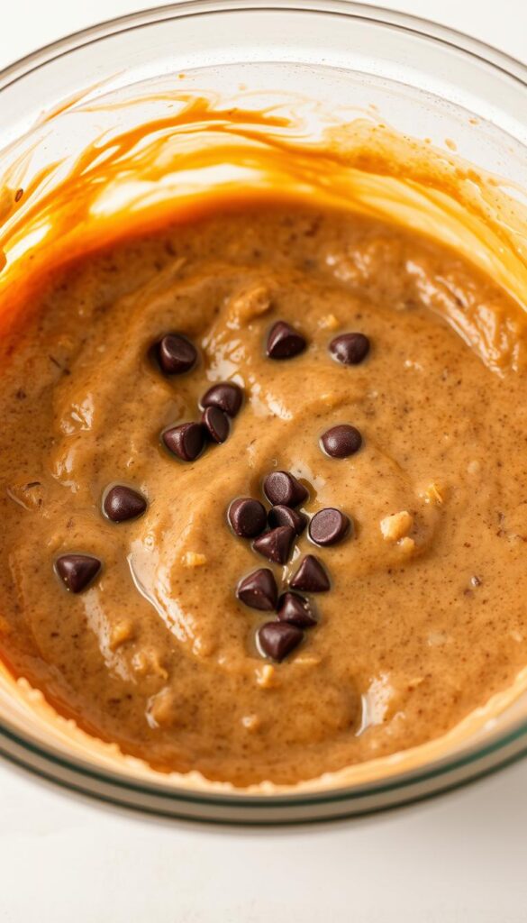 A close-up shot of a glass bowl filled with a wet, viscous mixture of mashed ripe bananas, melted chocolate chips, and other muffin batter ingredients. The mixture has a rich, deep brown color with flecks of chocolate and small air bubbles. The lighting is soft and diffused, creating a warm, appetizing atmosphere. The bowl is positioned on a clean, neutral surface, allowing the textural details of the mixture to be the focal point. The angle is slightly elevated, providing a clear view of the thick, creamy consistency of the batter. A close-up shot of a glass bowl filled with a wet, viscous mixture of mashed ripe bananas, melted chocolate chips, and other muffin batter ingredients. The mixture has a rich, deep brown color with flecks of chocolate and small air bubbles. The lighting is soft and diffused, creating a warm, appetizing atmosphere. The bowl is positioned on a clean, neutral surface, allowing the textural details of the mixture to be the focal point. The angle is slightly elevated, providing a clear view of the thick, creamy consistency of the batter.