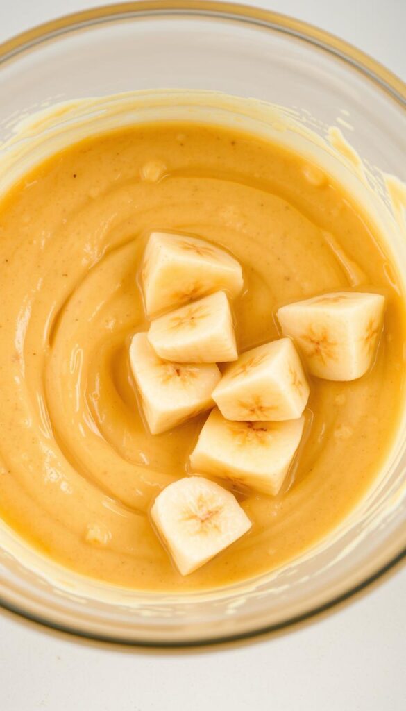 A close-up shot of a glass mixing bowl filled with a creamy, golden-hued banana mixture. The wet ingredients are visibly combined, with ripples and swirls throughout the batter. Chunks of ripe, spotty bananas are partially submerged, their natural sweetness and moisture evident. The smooth, silky texture of the mixture is illuminated by soft, diffused lighting, creating a warm, inviting atmosphere. The bowl is positioned on a clean, neutral-toned surface, allowing the vibrant, appetizing mixture to be the focal point of the image.